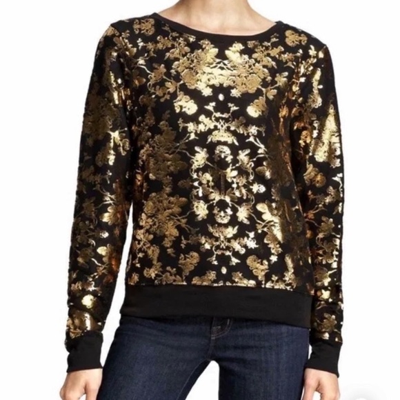 Wildfox Metallic Gold Foil Rose Pattern Print Black Crewneck Sweatshirt - Picture 16 of 16